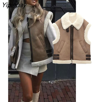 Yipinpay Women Fashion Winter Fleece Vest Coats 2023 Thick Warm Lapel Zip Locomotive Waistcoat Top Chic Female Suede Fur All-in-One